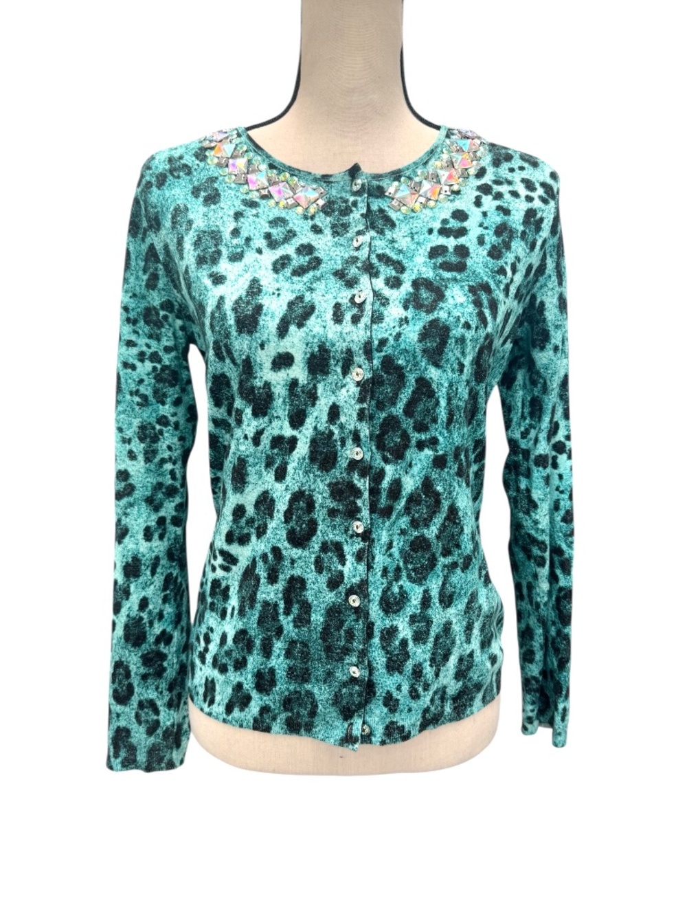 BLUMARINE EMBELLISHED TEAL LEOPARD PRINT LONG SLEEVE CARDIGAN
